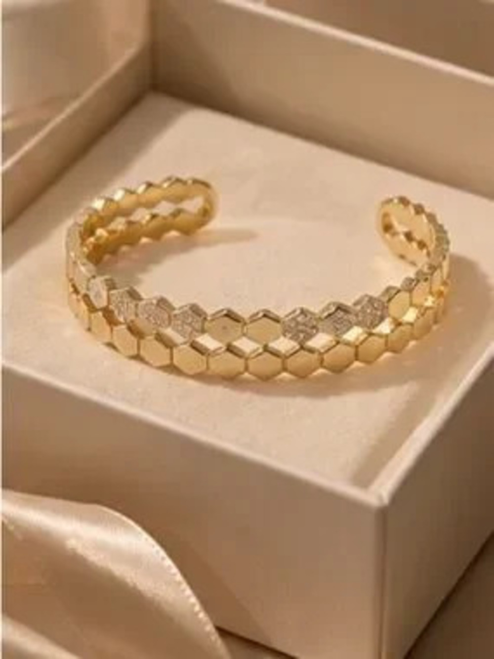 Gold Honeycomb Pave Open Cuff Bracelet